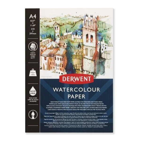 DERWENT A4 WATERCOLOUR PAD- 300QSM 12 SHTS