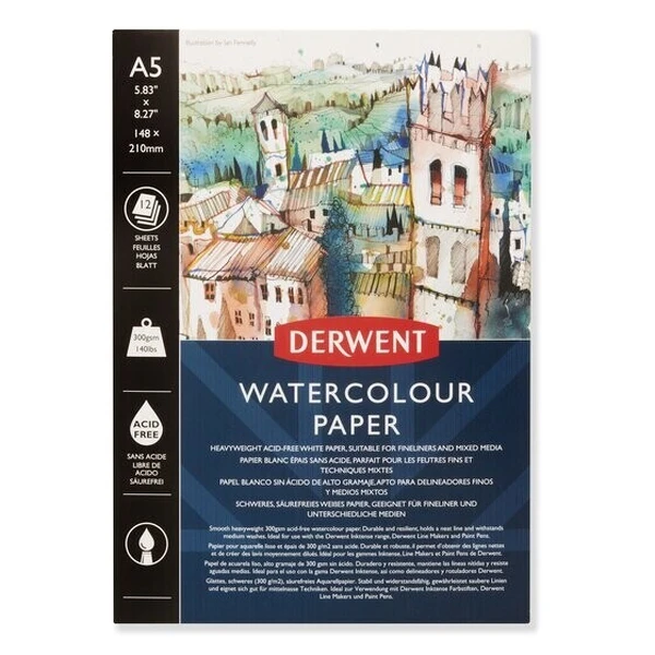 DERWENT A5 WATERCOLOUR PAD- 300QSM 12 SHTS